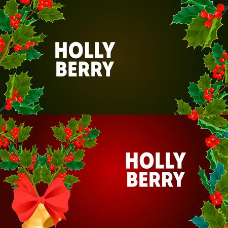 Christmas decorative berry leaves holly branches cards with red berries evergreen winter flower floral plant vector illustrationのイラスト素材