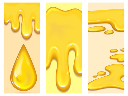 Set of orange honey drops flayer brochure and yellow splashes cards healthy syrup golden food liquid drip vector illustration.のイラスト素材