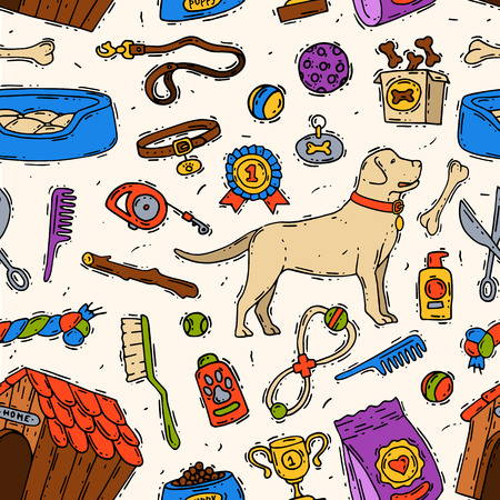 Hand drawn dog friend vector accessory canine animal pet grooming doggy toys equipment set veterinary play tool friendly sketch illustration seamless pattern backgroundのイラスト素材