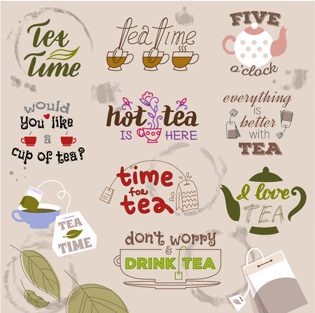 Teatime quote set vector lettering hand drawn cup of tea vintage print typography poster design teapot isolated illustrationのイラスト素材