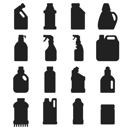 Bottles of household supplies cleaning housework black silhouette liquid domestic fluid.のイラスト素材