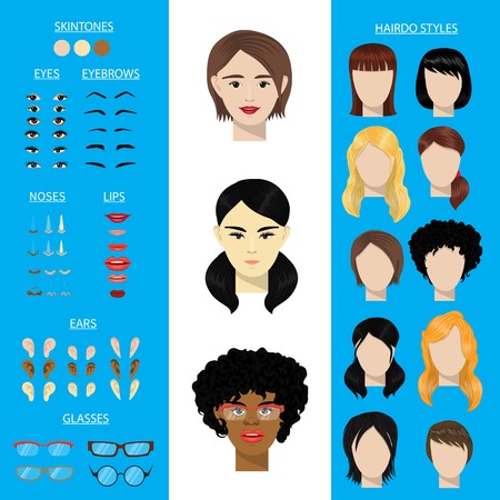 Woman face constructor vector set female character avatar creation head ears lips nose eyes eyebrows hairdo Asian African American facial elements construction illustration isolated.のイラスト素材