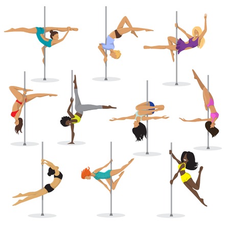 Pole dance girl vector set. Woman pole dancer on white background.のイラスト素材