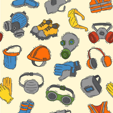 Vector protection clothing safety industry icons protective face and body equipment construction helmet, googles, mask and boots industrial mask for protect work seamless pattern background.のイラスト素材
