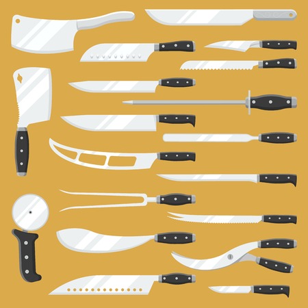 Knives vector butcher meat knife set chef cutting with kitchen drawknife or cleaver and sharp knifepoint illustration isolated on backgroundの写真素材