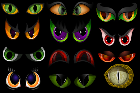 Cartoon vector eyes beast devil monster animals eyeballs of angry or scary expressions evil eyebrow and eyelashes on face scared snake or dracula vampire animal eyesight illustration isolated blackのイラスト素材
