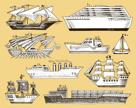 Ship vector boat vessel sailboat cruise liner or passenger steamship and powerful speedboat or motorboat submarine and yacht set illustration isolated on backgroundのイラスト素材