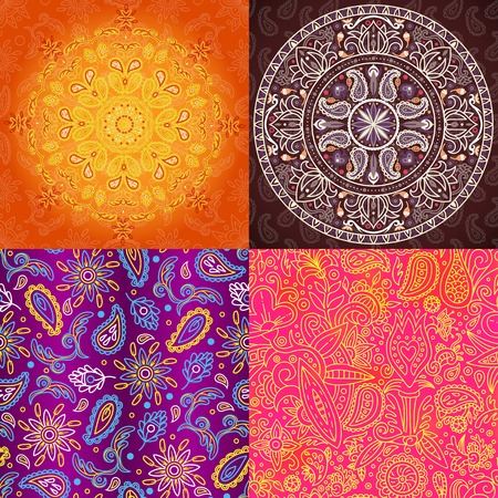 Indian seamless pattern vector oriental textured background for wedding decoration with mandala and flowers on backdrop illustration India paisley wallpaper setのイラスト素材
