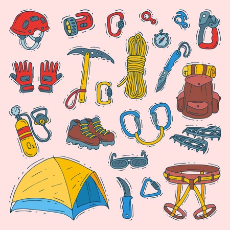 Climbing vector climbers equipment helmet carabiner and axe to climb in mountains illustration sot of mountaineering or alpinism tools for mountaineers isolated on backgroundのイラスト素材