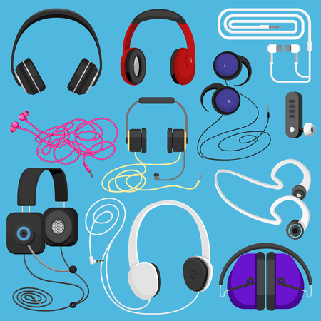 Headphones vector illustration. Headset to listen to music for dj and audio earphone devices illustration. Stereo headgear and earbuds set, isolated on blue background.のイラスト素材