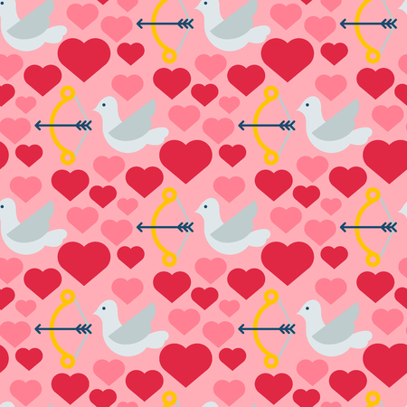 Red heart dove vector seamless pattern background birds color card beautiful celebrate bright emoticon holiday art decoration.のイラスト素材