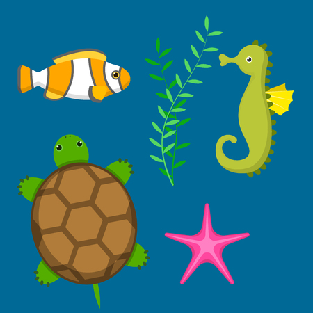 Set aquatic funny sea animals underwater creatures cartoon characters shell aquarium sealife vector illustration.のイラスト素材