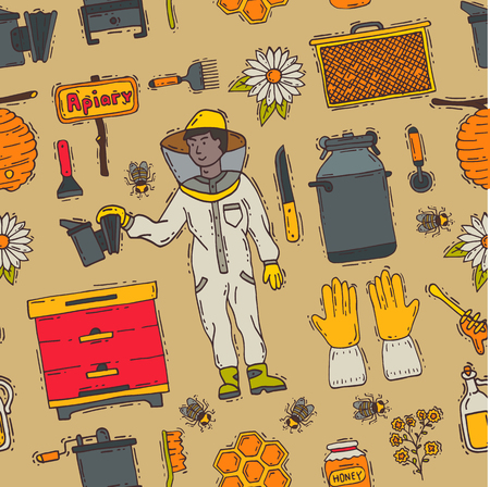 Honey sweet beeceeper vector apiary farm beekeeping icons set honeymaker bee insect beeswax illustration seamless pattern backgroundのイラスト素材