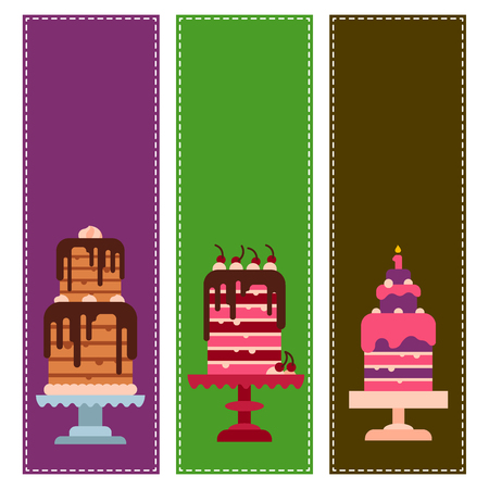 Wedding or Birthday pie cakes cards flat sweets dessert bakery ceremony delicious vector illustration. Tasty dessert sweet pastry pie cream traditional bakery tart.のイラスト素材
