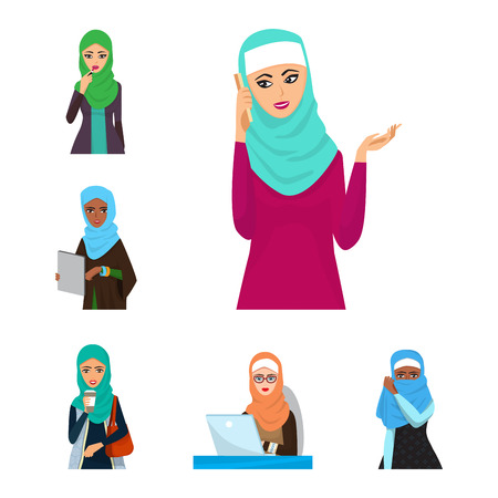 Arabic woman adult character Arabian Asia nationality islamic girl face in hijab vector illustrationのイラスト素材