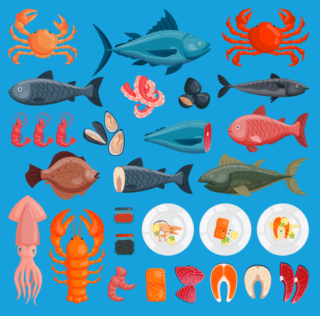 Vector sea food cuisine fresh fish and shrimp, crab, squid illustration set design flat fish and crab food oyster seafood shrimp menu ctopus animal shellfishのイラスト素材