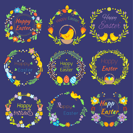 Happy Easter text quote in flowers branch and eggs traditional decoration elements handdrawn badge lettering.のイラスト素材