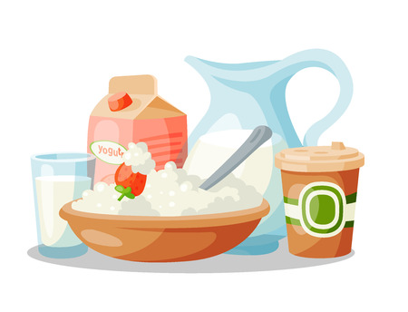 Milk dairy products vector flat style breakfast gourmet organic meal fresh diet food milky drink ingredient nutrition illustration.のイラスト素材