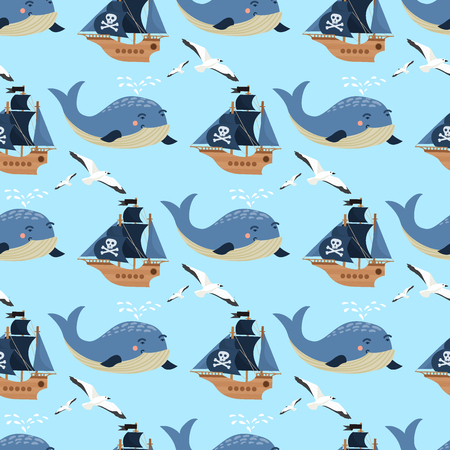 Pirate ship boat and whale miniature art on continuous pattern and colored illustration.のイラスト素材