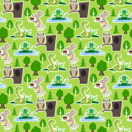 Snake character wildlife nature viper mouse owl frog flat python symbol venom predator animal vector illustration.のイラスト素材