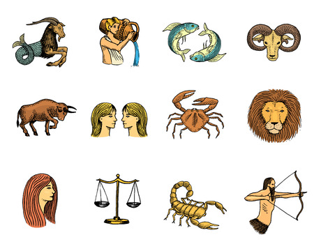 Zodiac symbols vector astrology signs and astrological calendar in horoscope aquarius scorpio aries virgo pisces taurus and libra illustration isolated on white backgroundのイラスト素材