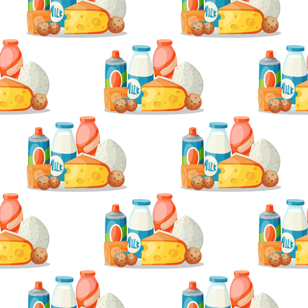Milk dairy products vector flat style breakfast gourmet organic meal fresh diet food milky drink ingredient nutrition seamless pattern background illustration.のイラスト素材