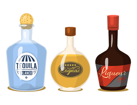Alcohol strong drinks in bottles and cocktail glasses whiskey cognac brandy beer wine vector illustration. Cool cold alcoholic drawing liquor beverage.のイラスト素材