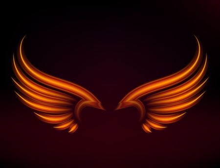 Flame bird fire wings fantasy feather burning blaze fly blazing danger flare glow fiery wings burn hot art vector illustration on black. Heat phoenix fantasy fire feather.のイラスト素材
