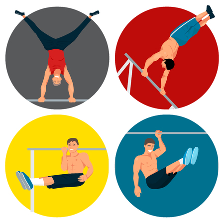 Horizontal bar chin-up strong athlete man gym exercise street workout tricks muscular fitness male sport pulling up character vector illustration. Bodybuilding equipment sportsman.のイラスト素材