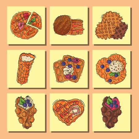 Different wafer cookies waffle cakes pastry cookie biscuit delicious snack cream dessert crispy bakery food vector illustration.のイラスト素材