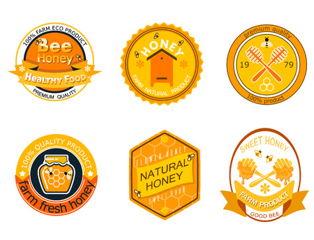 Set bee logo labels for honey logo products organic farm emblem natural sweet product hight quality healthy food vector illustration. farming yellow hive bio sticker nectar.のイラスト素材