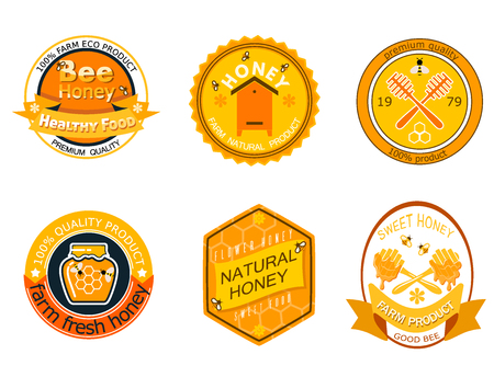 Set bee logo labels for honey products organic farm natural sweet product quality healthy food vector illustration.のイラスト素材