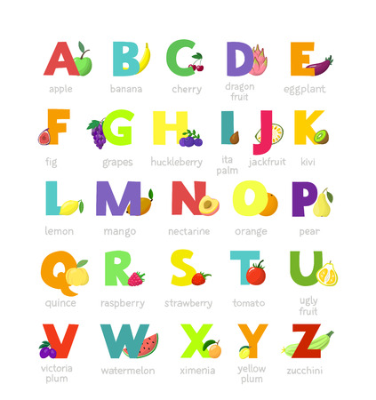 Fruit alphabet vector alphabetical vegetables font and fruity apple banana letter illustration alphabetically set of abc text with watermelon tomato and strawberry isolated on white backgroundのイラスト素材