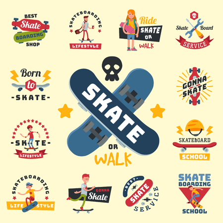 Skateboarders people tricks silhouettes sport badge extreme action active skateboarding urban young jump person vector illustration.のイラスト素材