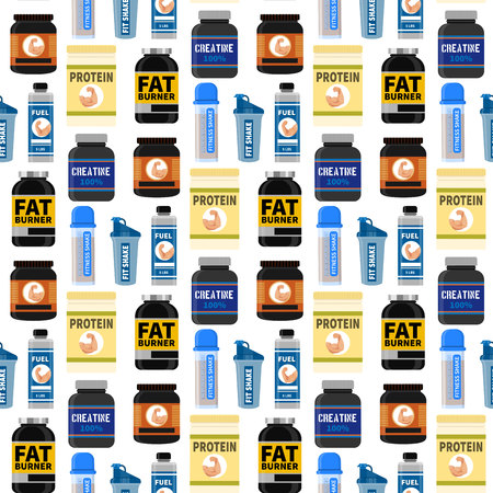 Bodybuilders gym athlete sport food diet seamless pattern background fitness nutrition protein powder drink vector illustration. Jars and bottles with supplements for muscle growth.のイラスト素材