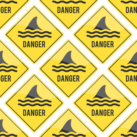 Attention shark fin flipper vector sign icon dangerous button water beach serfing shark warning yellow sign.のイラスト素材