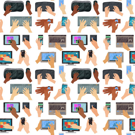Users hands on keyboard computer touch gestures technology internet work swipe typing tool vector illustration. Electronics editing pad with people hand seamless pattern background.のイラスト素材