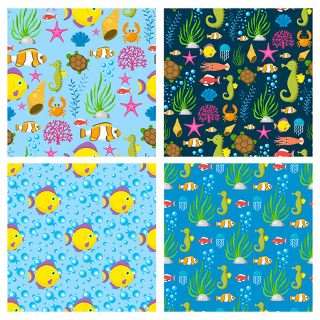 Aquatic funny sea animals underwater creatures cartoon characters shell aquarium seamless pattern background vector illustration. Beach nature sea bowl elements sealife.のイラスト素材
