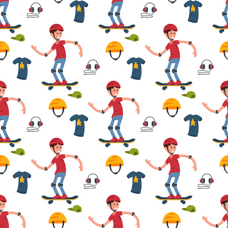 Skateboarder active people seamless pattern background sport extreme active skateboarding urban jumping tricks vector illustration.のイラスト素材