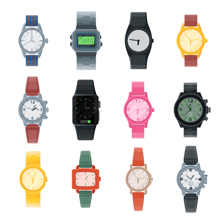 Watch vector business wristwatch or fashion wrist clock with clockwork and clockface clocked in time with hour or minute arrows illustration set of clocking alarm timer isolated on white backgroundのイラスト素材