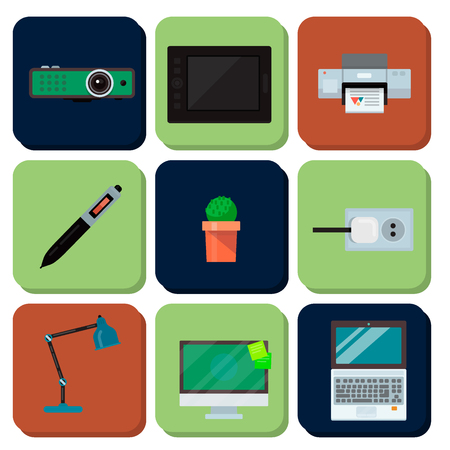 Computer office equipment technic gadgets modern workplace communication device laptop monitor printer keyboard camera vector illustration.のイラスト素材