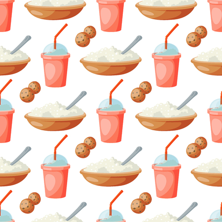 Milk dairy products vector flat style breakfast gourmet organic meal fresh diet food milky drink ingredient nutrition seamless pattern background illustration.のイラスト素材