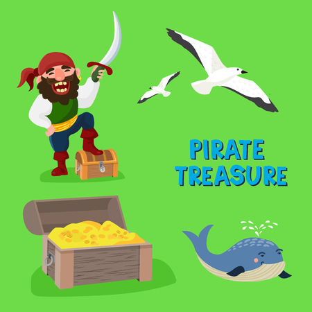 Pirate treasure vector adventure sea nautical symbols nautical character captain sailor with sword jewelry piratic illustration.のイラスト素材