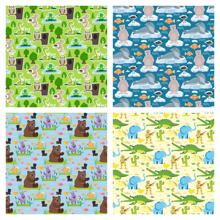 Seamless animal pattern wildlife reptile background crocodile bear elephant characters vector illustrationのイラスト素材
