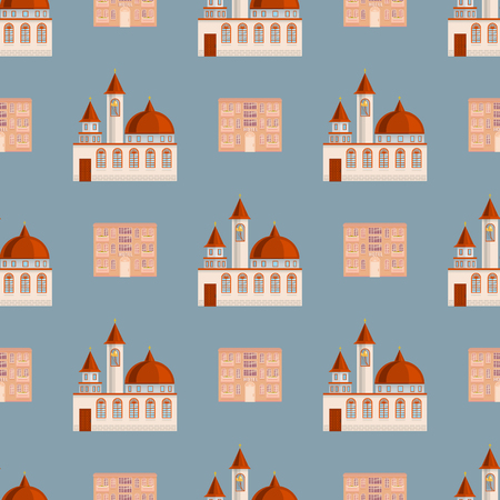 City public buildings houses seamless pattern background flat design office architecture modern street apartment vector illustration.のイラスト素材