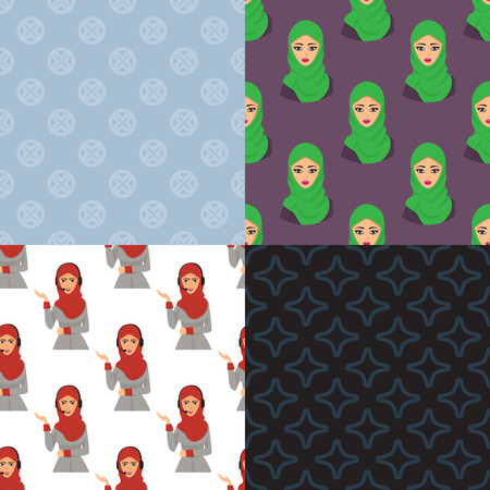 Arabic woman adult character Arabian Asia nationality islamic girl face seamless pattern background in hijab vector illustrationの写真素材
