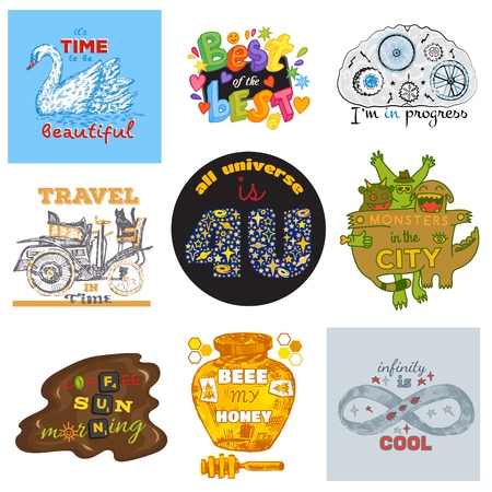 Badge vector logotype or emblem sign with monsters or bee illustration emblematical set of honey tag or label logo stamp with swan isolated on white backgroundのイラスト素材