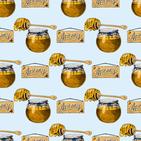 Apiary bee vector hand drawn vintage honey making farmer beekeeper illustration nature product seamless pattern background.の写真素材