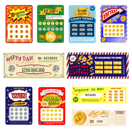 Lottery ticket vector lucky bingo card win chance lotto game jackpot set illustration lottery gaming tickets isolated on white backgroundのイラスト素材
