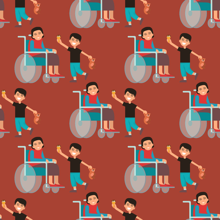 Disabled handicapped diverse people wheelchair invalid person help disability characters vector illustration. Support life disable medical assistance seamless pattern background.のイラスト素材